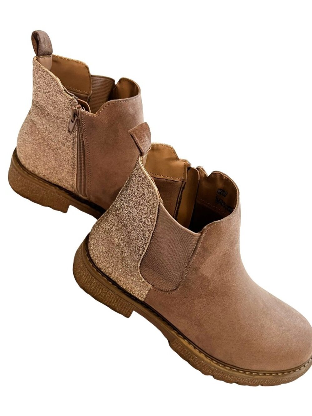 Steve Madden Tan Ankle Boots With Glitter Back Side Zipper & Elastic Panels Girl
